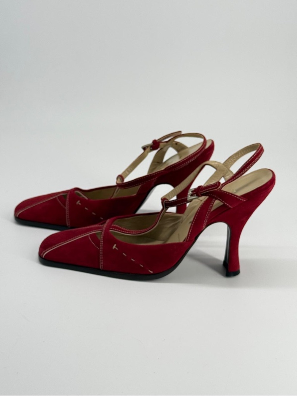 Prada Red Suede T-Strap Slingback Heels Size 37.5 - Picture 5 of 9